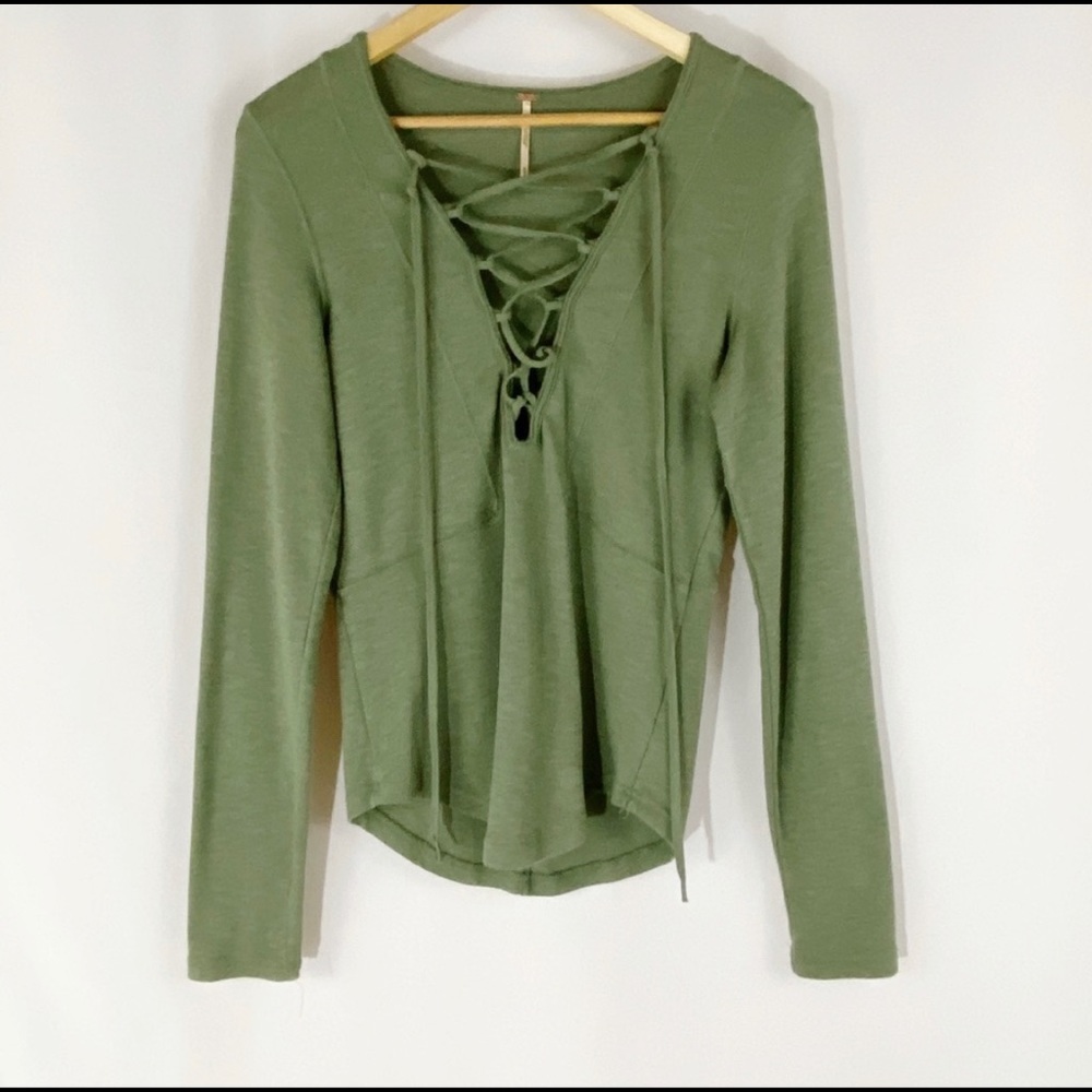 Free People Green Lucky Lace Up Long Sleeve Top